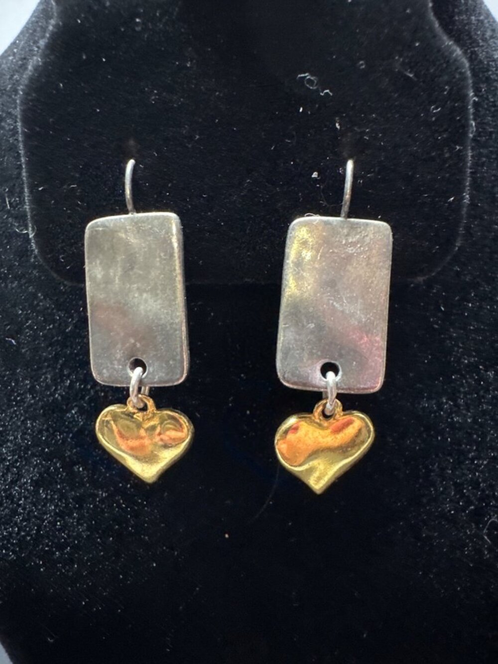 Vintage Silver & Gold Dangling Heart Earrings With Rectangular Accents Boho Styl